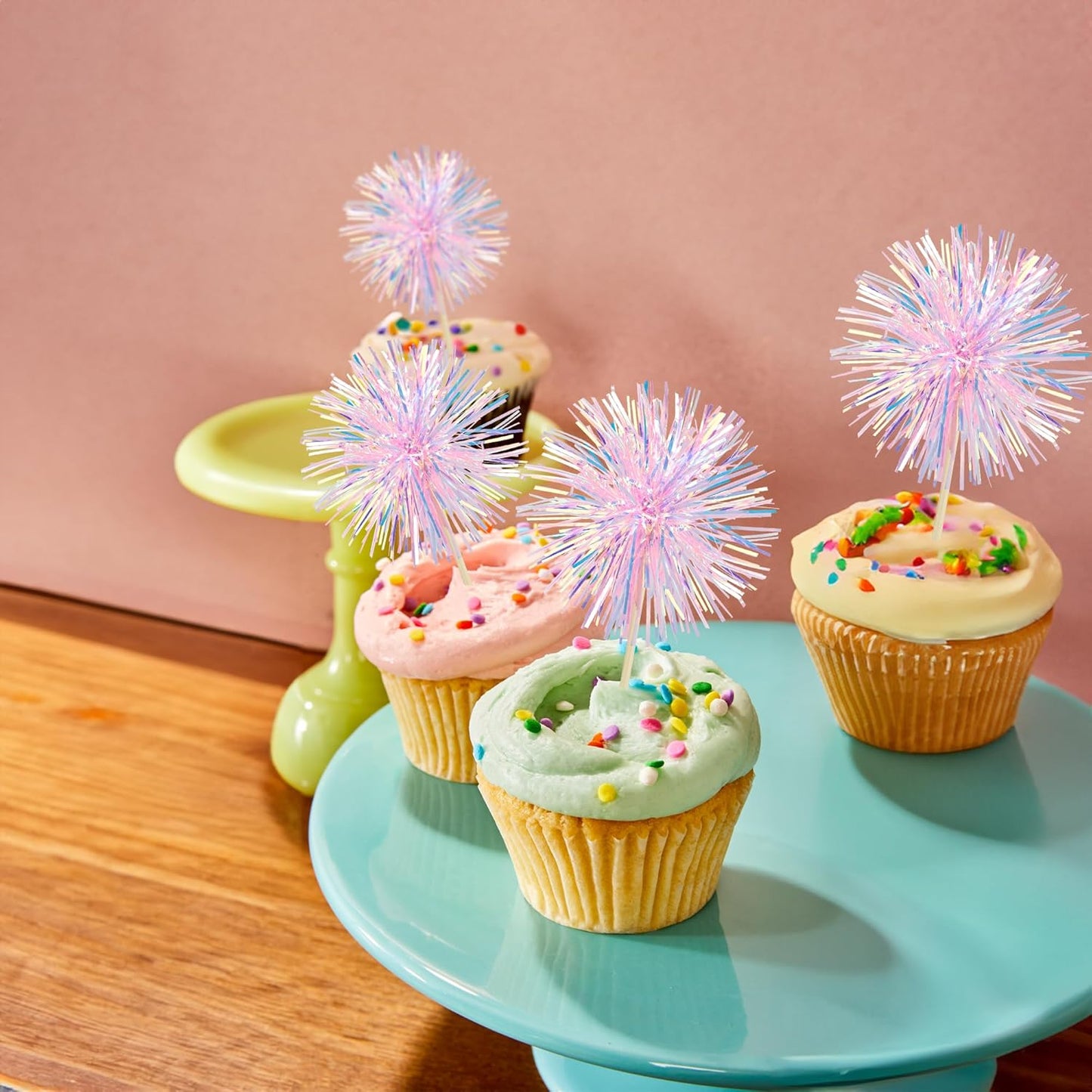 Ephlyn 30Pcs Foil Firework Cupcake Toppers Happy Birthday Cake Toppers Tinsel Flower Drink Stirrers Cocktail Food Fruit Toothpicks for Valentine's Day Party Decorations Pink