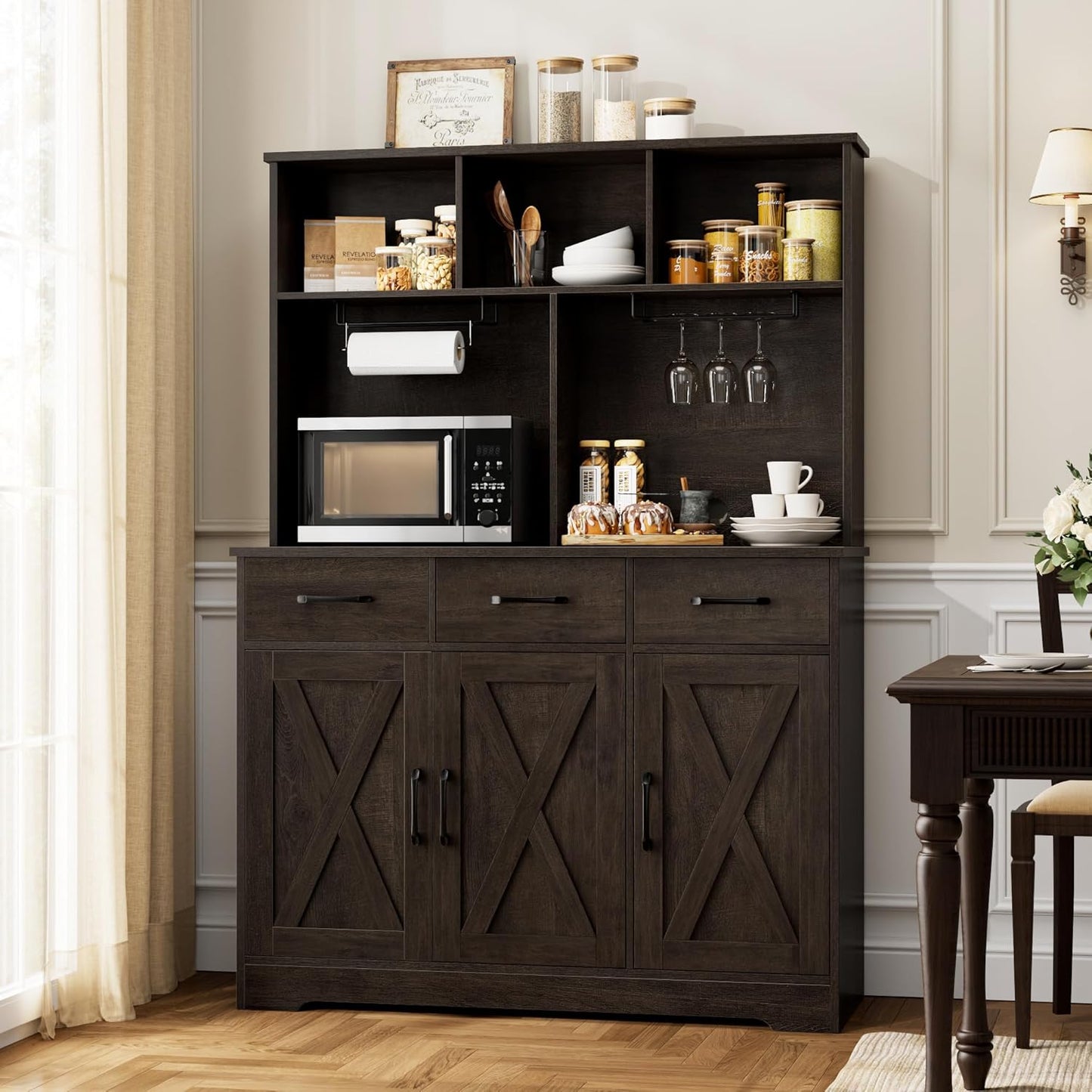 HOSTACK Buffet Cabinet with Hutch, Modern Farmhouse Kitchen Buffet Sideboard Storage Cabinet with 3 Drawers, Barn Door Coffee Bar Station for Dining Room, Living Room, Dark Brown