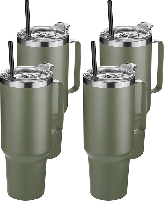 HASLE OUTFITTERS 40 oz Stainless Steel Tumbler with Handle, Vacuum Insulated Tumblers Bulk, Reusable Double Wall Travel Coffee Mug, Durable Powder Coated Water Bottles(Army Green, 4)