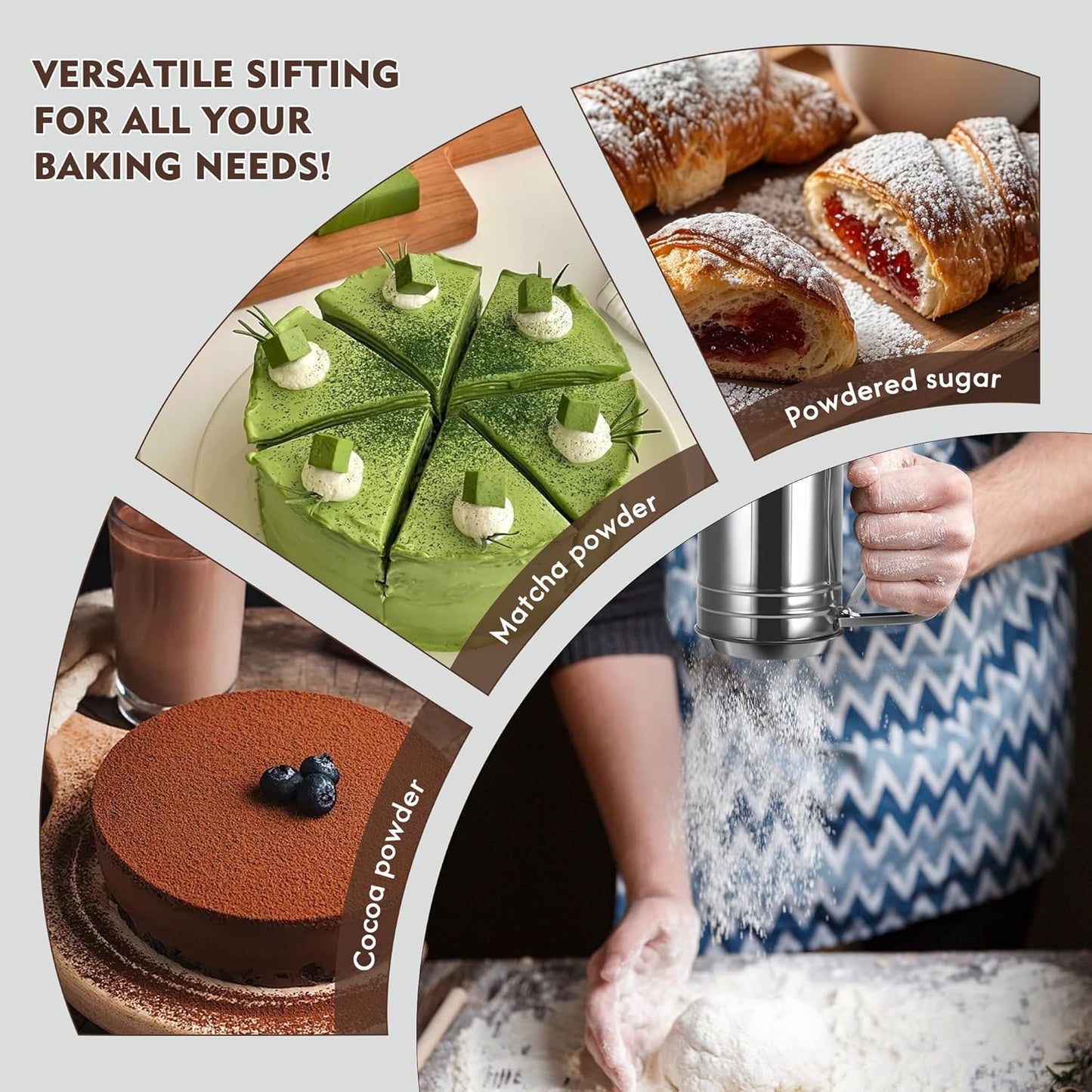 3-Cup Flour Sifter for Baking, Stainless Steel One-Hand Press Sifter with Double-Layer Fine Mesh - Includes Bonus Dough Scraper/Cutter for Bread & Pastry (White)