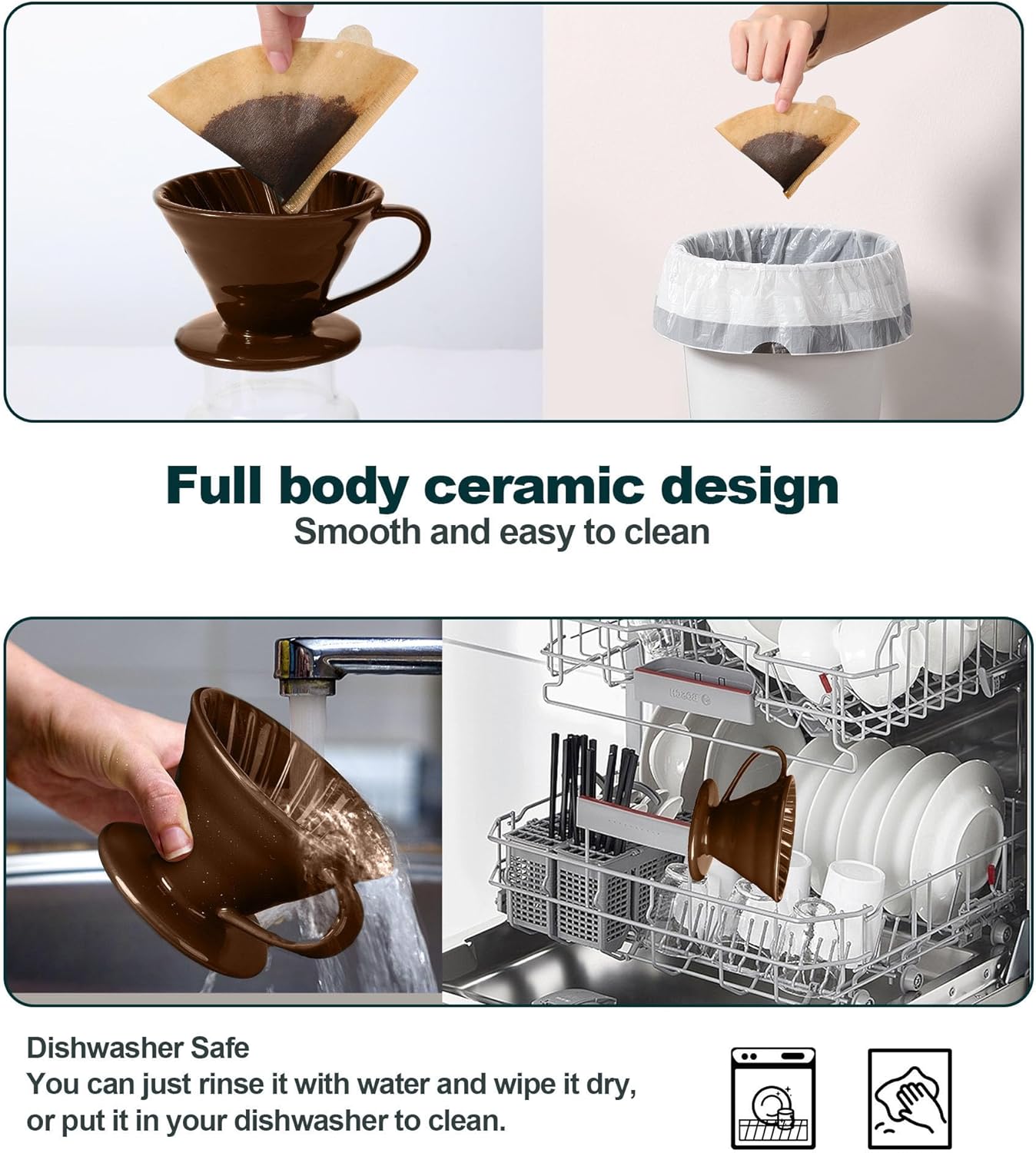 Pour Over Coffee Dripper - Ceramic Pour Over Coffee Maker Cone, Porcelain Coffee Drip, Pour Over Single Cup, Manual Brew Maker for Home, Cafe, Office - 1-4Cup, V60 Size 02 (Brown)