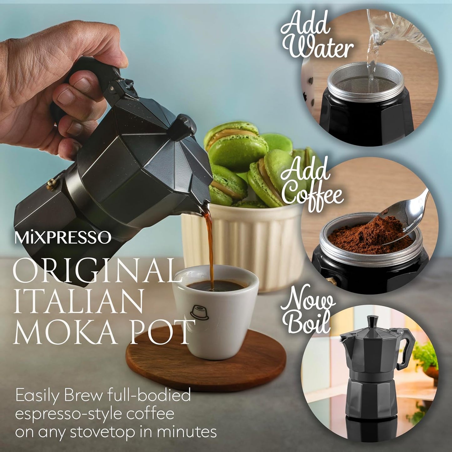 Mixpresso Black 3 Cup Moka Pot Cuban Coffee Maker, Moka Pot for Gas, Electric Stove Top, Classic Italian Coffee Maker, Stovetop Espresso Maker, Camping Pot Makes 3 Espresso Cup 5 Oz