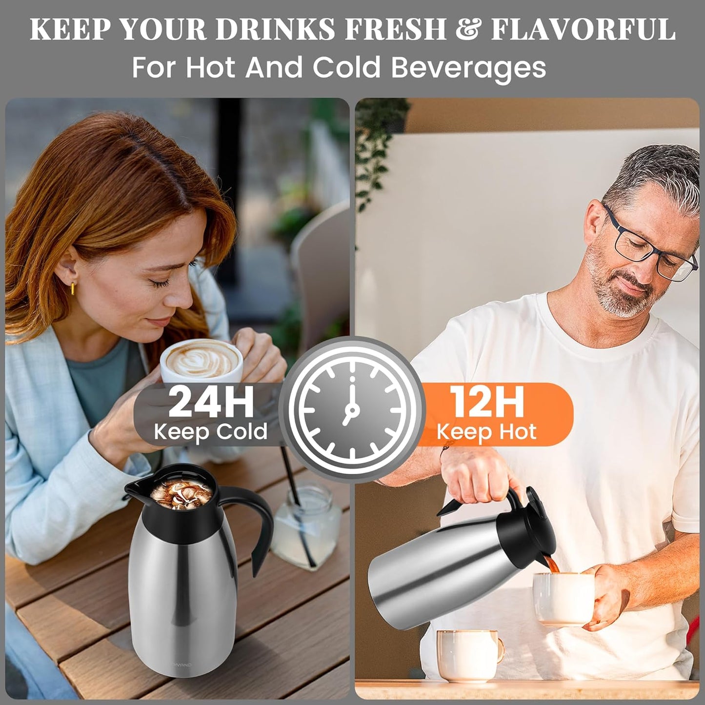 68 Oz Thermal Coffee Carafe, Stainless Steel Insulated Vacuum coffee crafts to keep coffee hot, 2 Liter Tea Water Coffee and Beverage Dispenser (Silver)