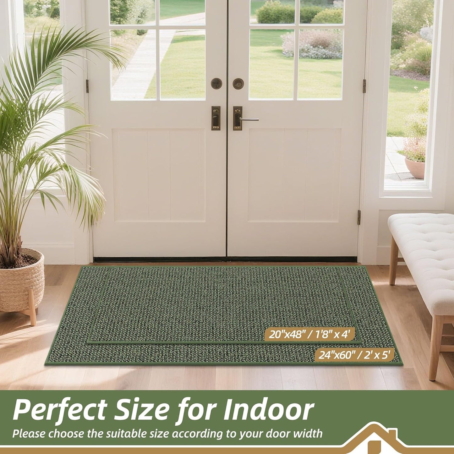 BEQHAUSE Dirt Trapper Door Mat 20" x 48", Non-Slip Washable Doormats Entrance Mat, Dirt Resistant and Absorbent Welcome Mat, Low Profile Floor Mats for Front Back Door and Entryway, Green