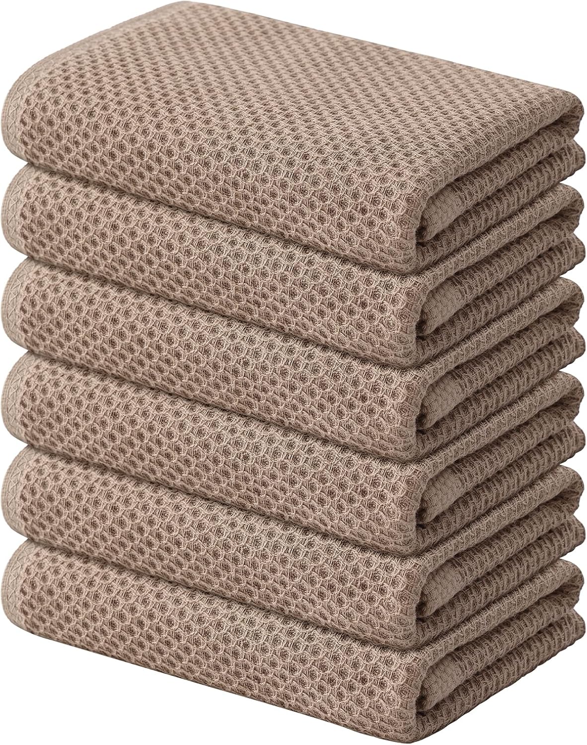 Kitinjoy 100% Cotton Waffle Weave Kitchen Towels, 6-Pack Super Soft and Absorbent Dish Towels for Drying Dishes, Kitchen Hand Towels, 13 in x 28 in, Tan