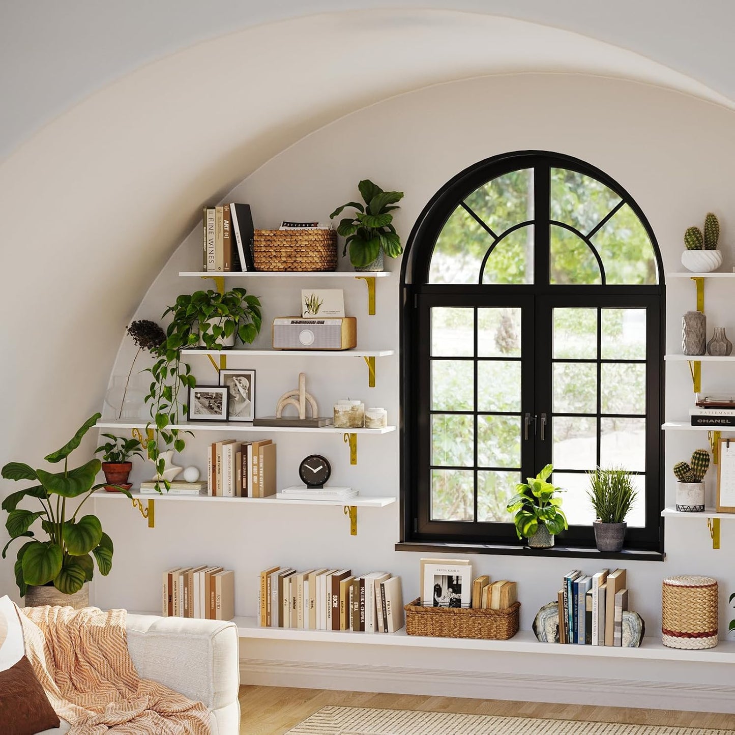 DINZI LVJ Long Wall Shelves, Set of 4, 39.4Inch Wall Mounted Shelves, Floating Shelves for Wall Storage with Metal Brackets, for Living Room, Bathroom, Bedroom, Kitchen, White and Gold