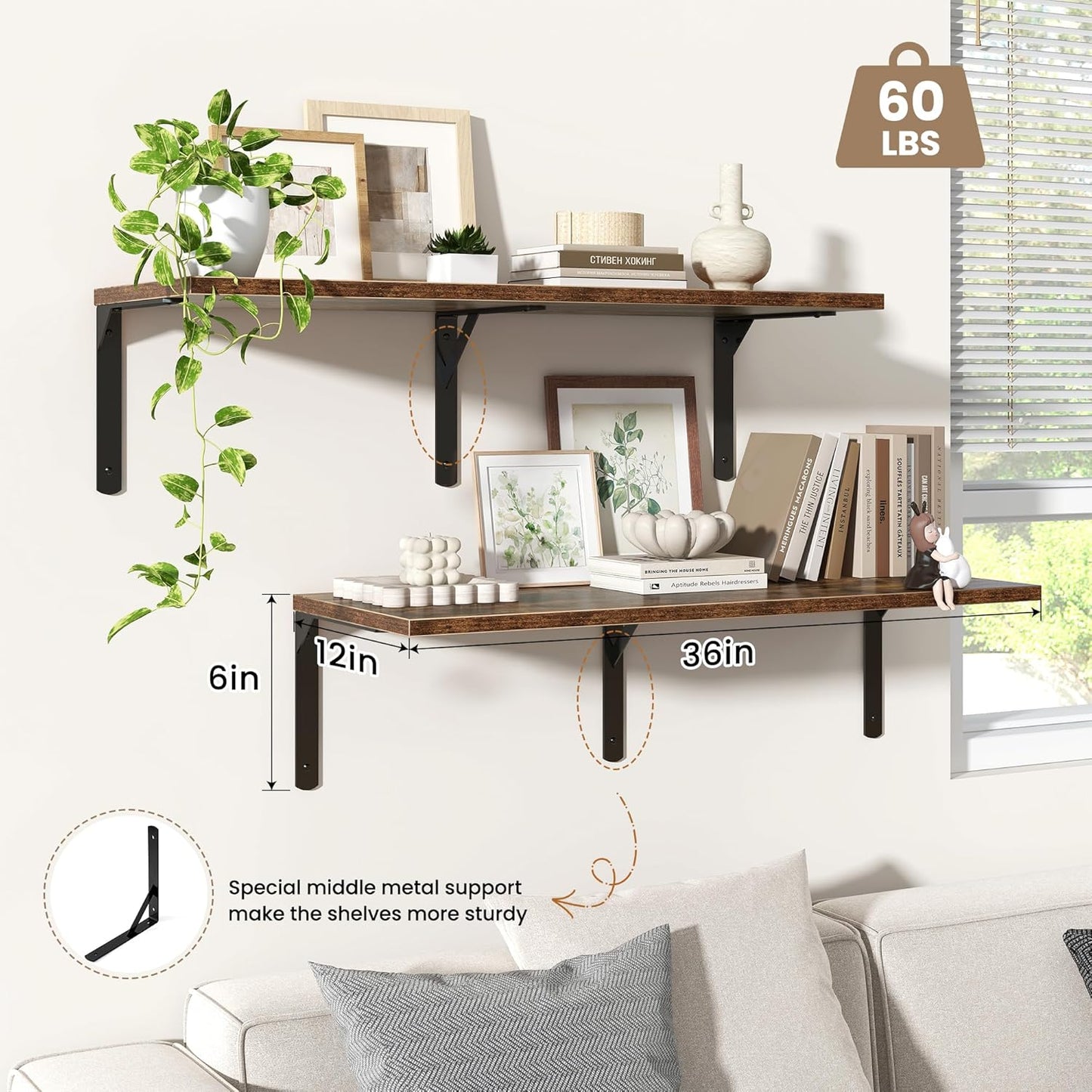 Fun Memories Rustic Brown 12 Inch Deep Floating Shelves Set of 2, Wall Mounted Shelf with Metal Brackets, Rustic Wood Wall Shelf for Bathroom, Kitchen and Living Room