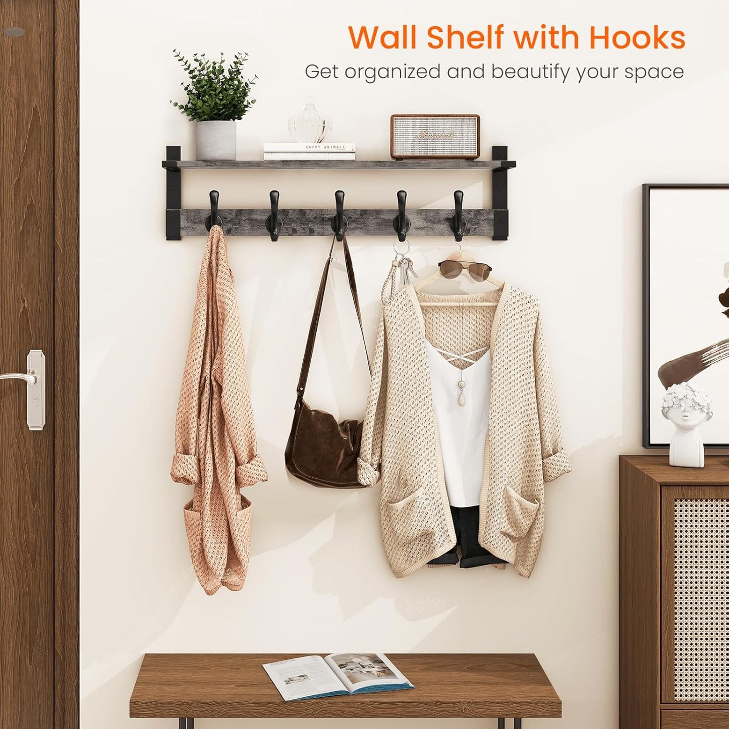 Homode Coat Rack Wall Mount with Shelf, 29 Inch Wood Wall Shelf with Hooks, Entryway Coat Hanger Wall Mount with 5 Hangers for Bathroom, Bedroom, Living Room, Grey