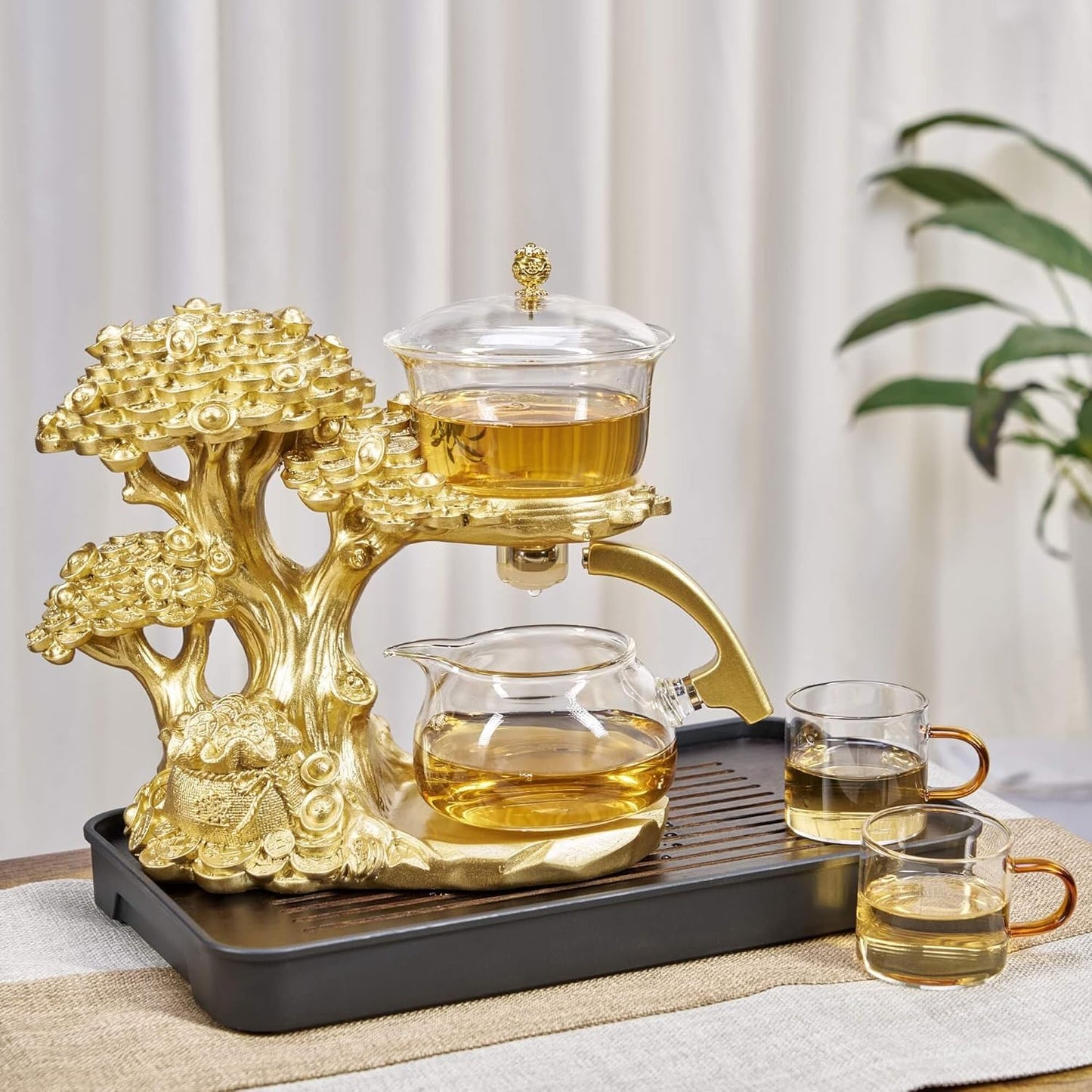 Glass Teapot Set with Infuser Semi Automatic Tea Set Magic Teapot (Tree - golden)