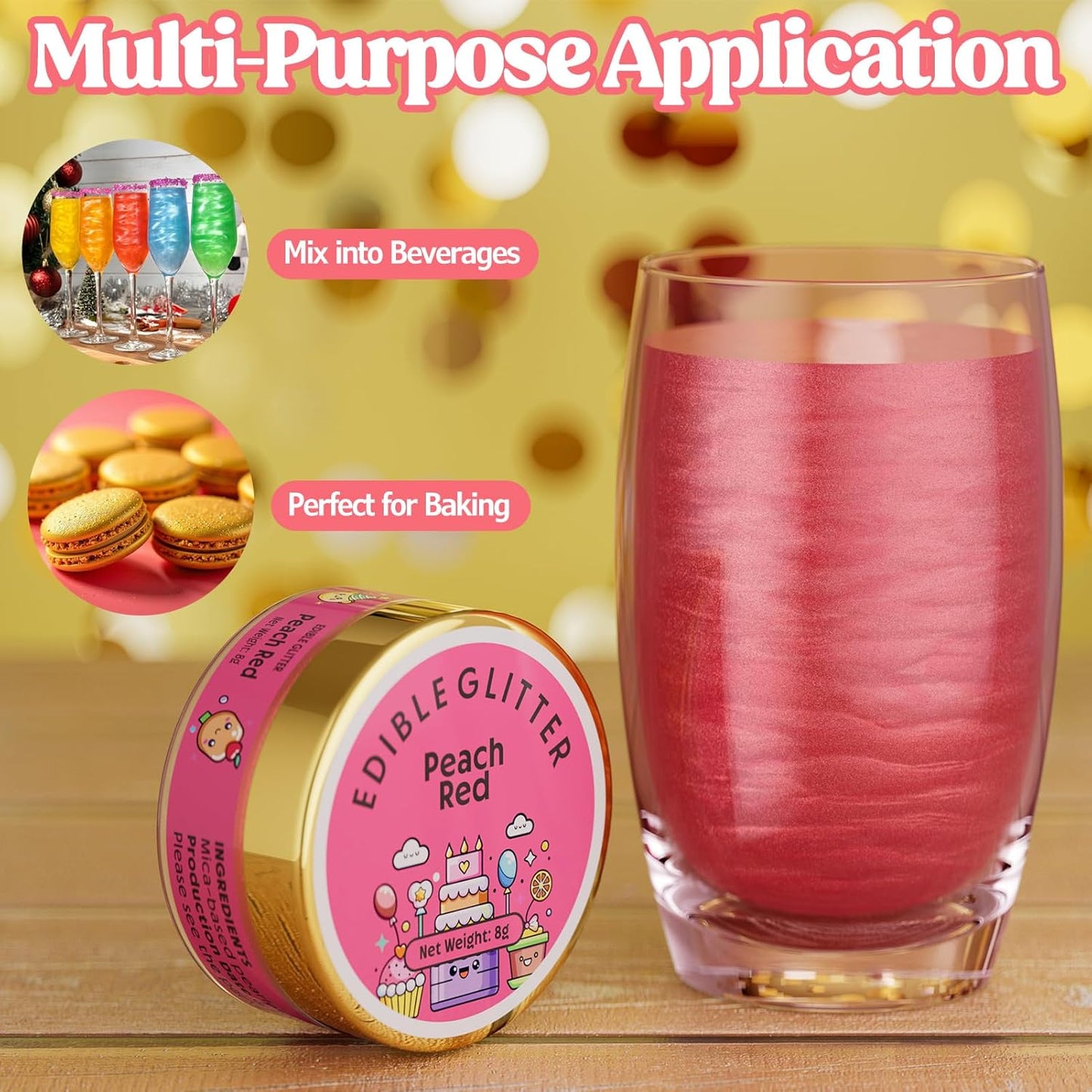 Nomeca Edible Glitter for Drinks Cakes, 8 grams Food Grade Luster Dust Sprinkles Glitter for Cake Decorations, DIY Cocktails, Beverages & Cake Decorating, Dessert Cake Topper (12-Peach Red)