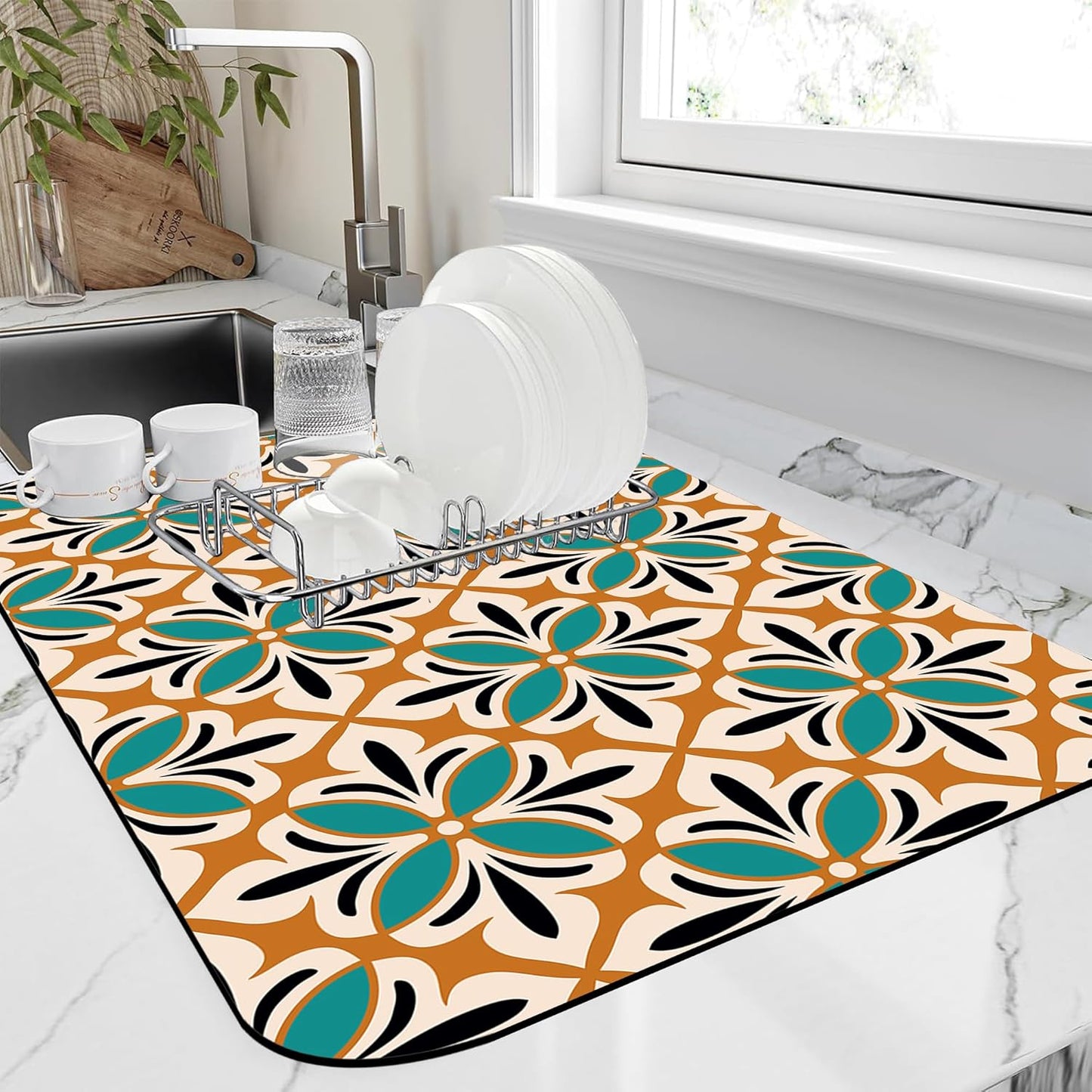 Dish Drying Mat Abstract Floral Kitchen Mat 12"x19" Bsorbent Coffee Maker Mat for Dishes,Utensils Coffee Maker Pots and Pans Easy Clean Dish Slip Resistant Pad