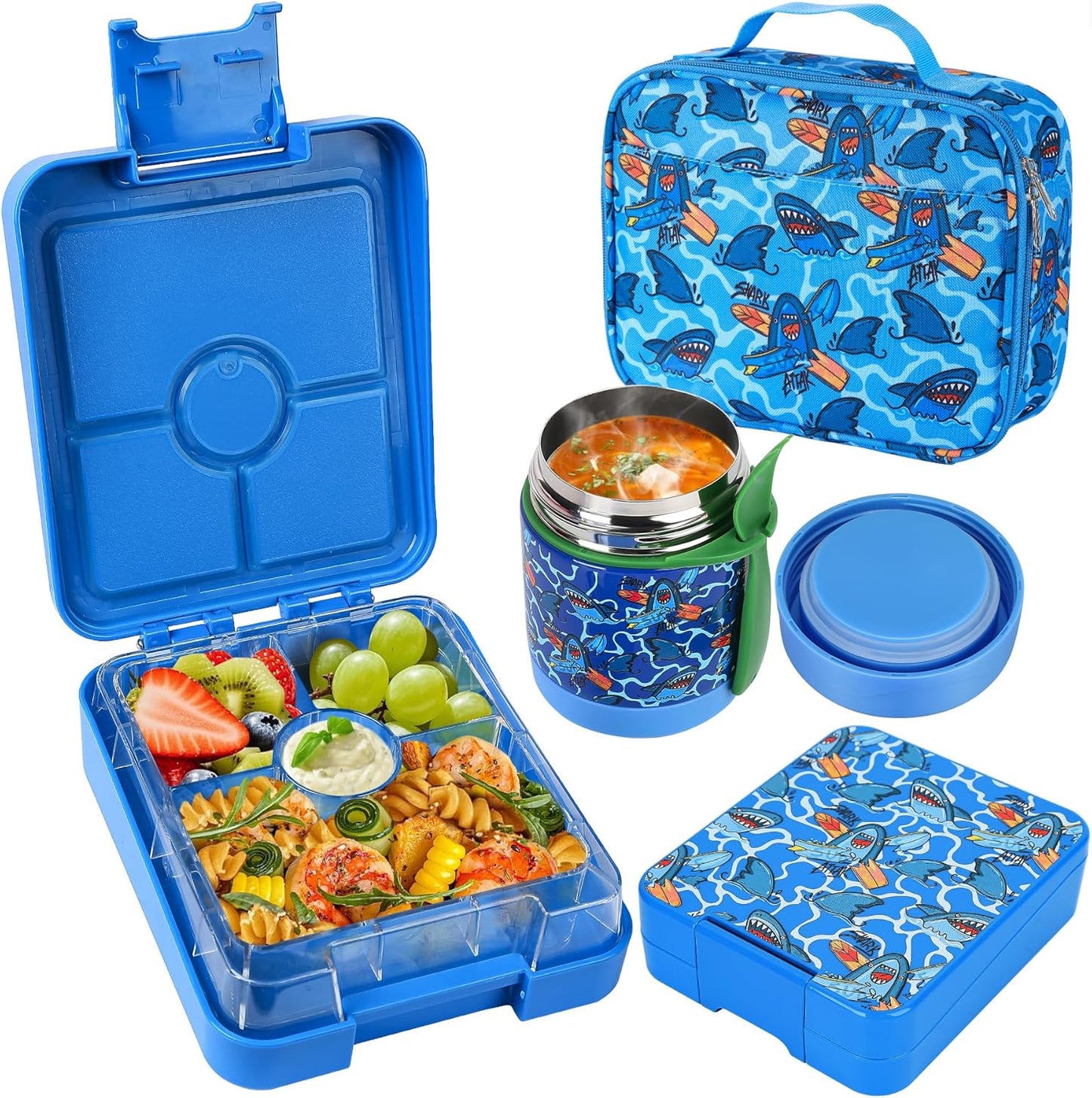 Bento Lunch Box Set With 10oz Soup Thermo, Leak-proof Lunch Containers with 4 Compartment, Kids Hot Thermo Food Jar/Insulation Lunch Bag, Food Containers for School（Shark）