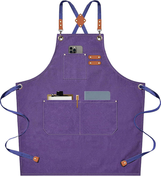 AFUN Chef Aprons for Men Women with Large Pockets, Cotton Canvas Cross Back Heavy Duty Adjustable Work Apron, Size M to XXL (Purple)