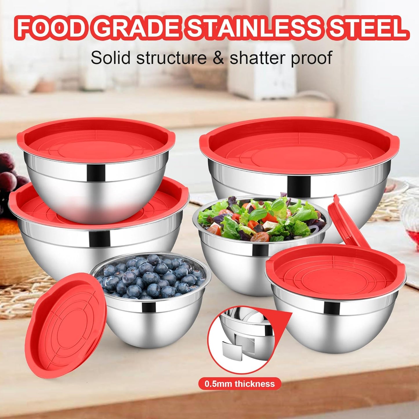 LIANYU 6 Pack Stainless Steel Mixing Bowls with Airtight Lids, Large Metal Nesting Salad Bowls, Ideal for Kitchen Prepping, Baking, Freezer Storage, Size 7, 3.5, 2.5, 2, 1.5, 1QT, Dishwasher Safe, Red