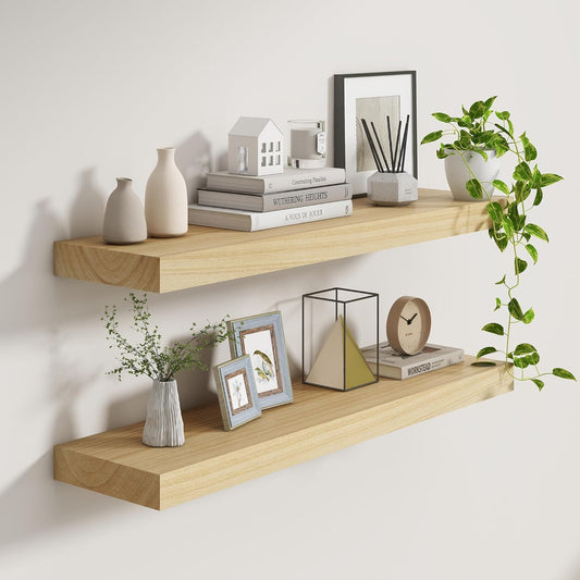 Fun Memories Deep Floating Shelves, Solid Wood Floating Shelves Wall Mounted, 9.3" Deep Wall Shelf for Living Room, Bedroom, 36 x 9 Large Floating Shelf for Books, Burlywood, Set of 2
