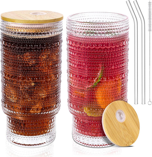 16 Oz Glass Cups with Lids and Straws, Vintage Embossed Glassware for Whiskey Cocktail Beer, Iced Coffee Cup with Lid, Glass Tumbler (2 PACK)
