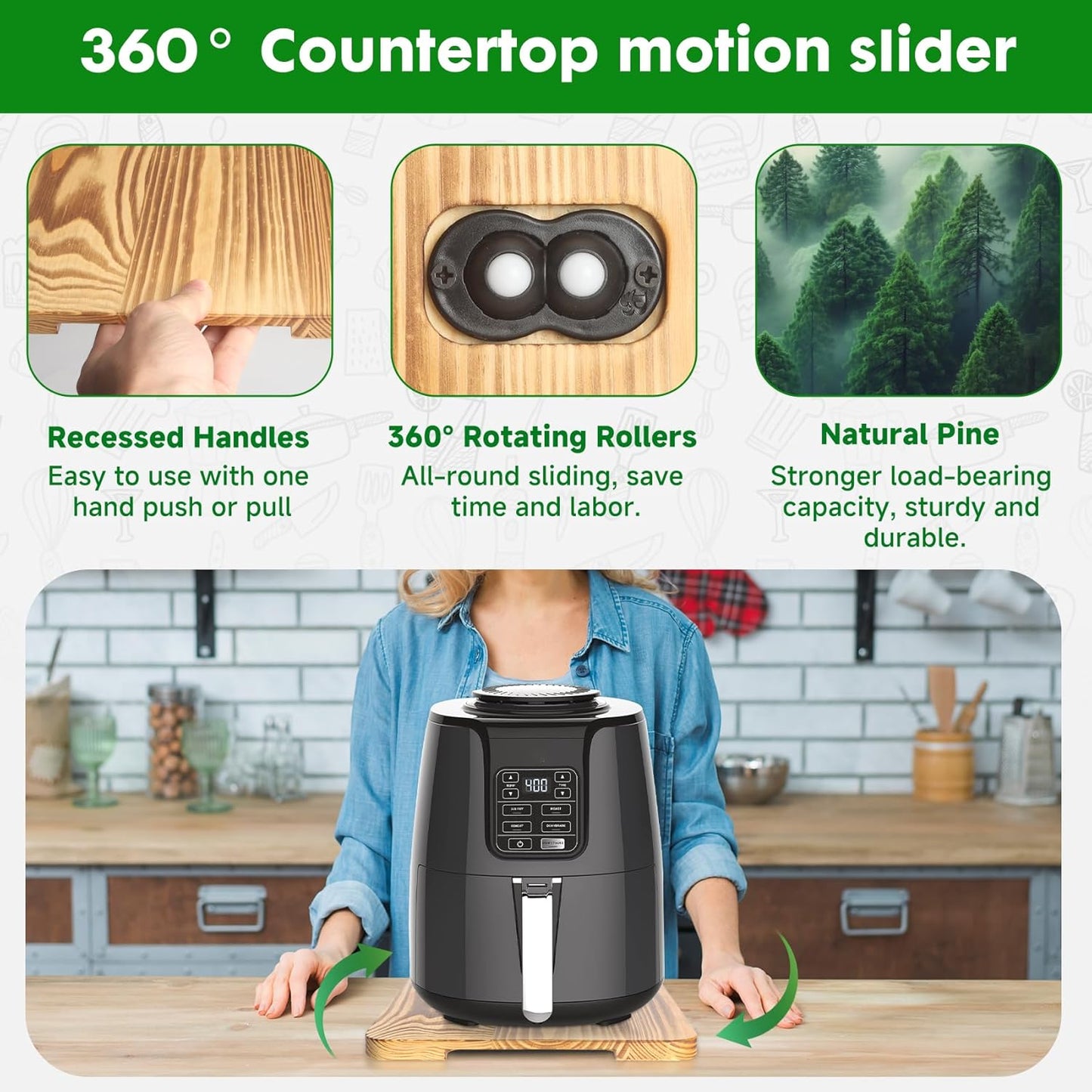 Appliance Slider 360° Rolling Tray for Coffee Maker- Wood Coffee Pot Slider Tray Countertop Rotation Sliding Tray with Wheels, Small Appliances Mat (Small 13.9"×9.4")