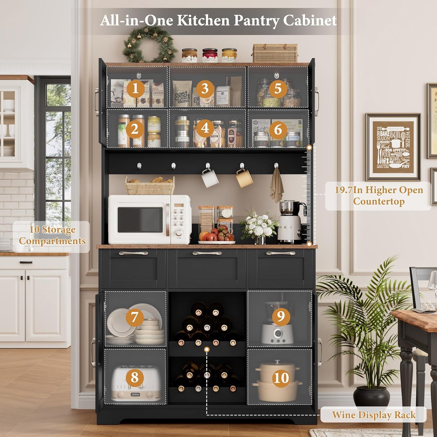 HIFIT 72" Large Kitchen Pantry Storage Cabinet with Barn Doors & Shelves, Farmhouse Tall Kitchen Hutch Wood Bar Cabinet w/3 Drawers, Microwave Stand, Cupboard Wine Rack for Dining Room, Pantry, Black