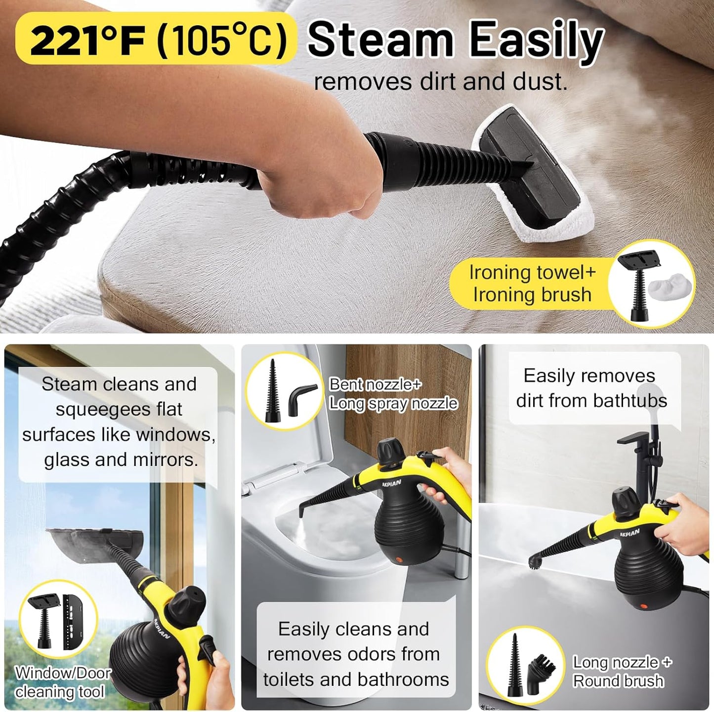 Handheld Steam Cleaner, Steamer for Cleaning, Multipurpose Portable Steam Cleaners for Home Use with Safety Lock and 10 Accessory Kit to Remove Grime, Grease, and More, Save Time and Effort