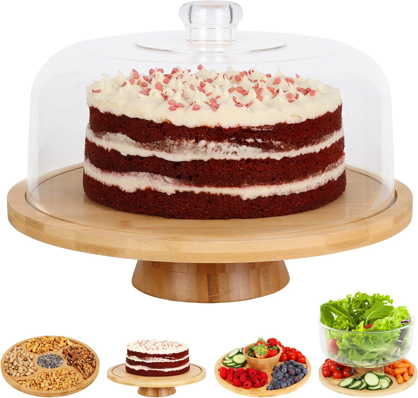 6 in 1 Large Bamboo Wood Cake Stand with Lid - Multiuse Wooden Cake Stand with Dome Acrylic Cake Cover/Cake Dome - Cake Holder With Lid - Acrylic Cake Stand Dome & Bamboo Base Punch Bowl - Cake Stands