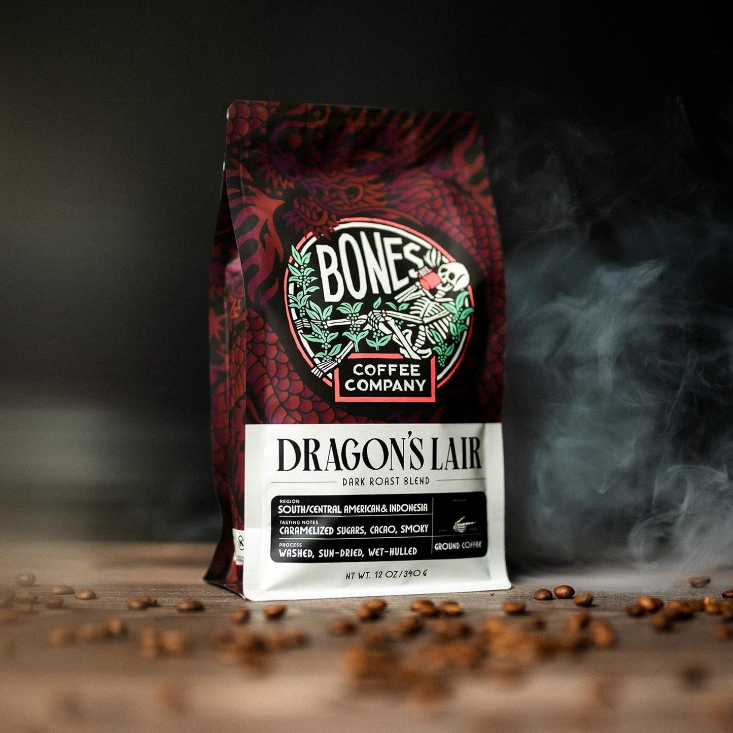 Bones Coffee Company Dragon's Lair, Smokey, Cacao and Caramelized Sugar Notes, Unflavored Coffee, Medium Roast Low Acid Arabica Beans Compatible with Auto drip and French Press Coffee Maker, 12 Oz Whole Bean