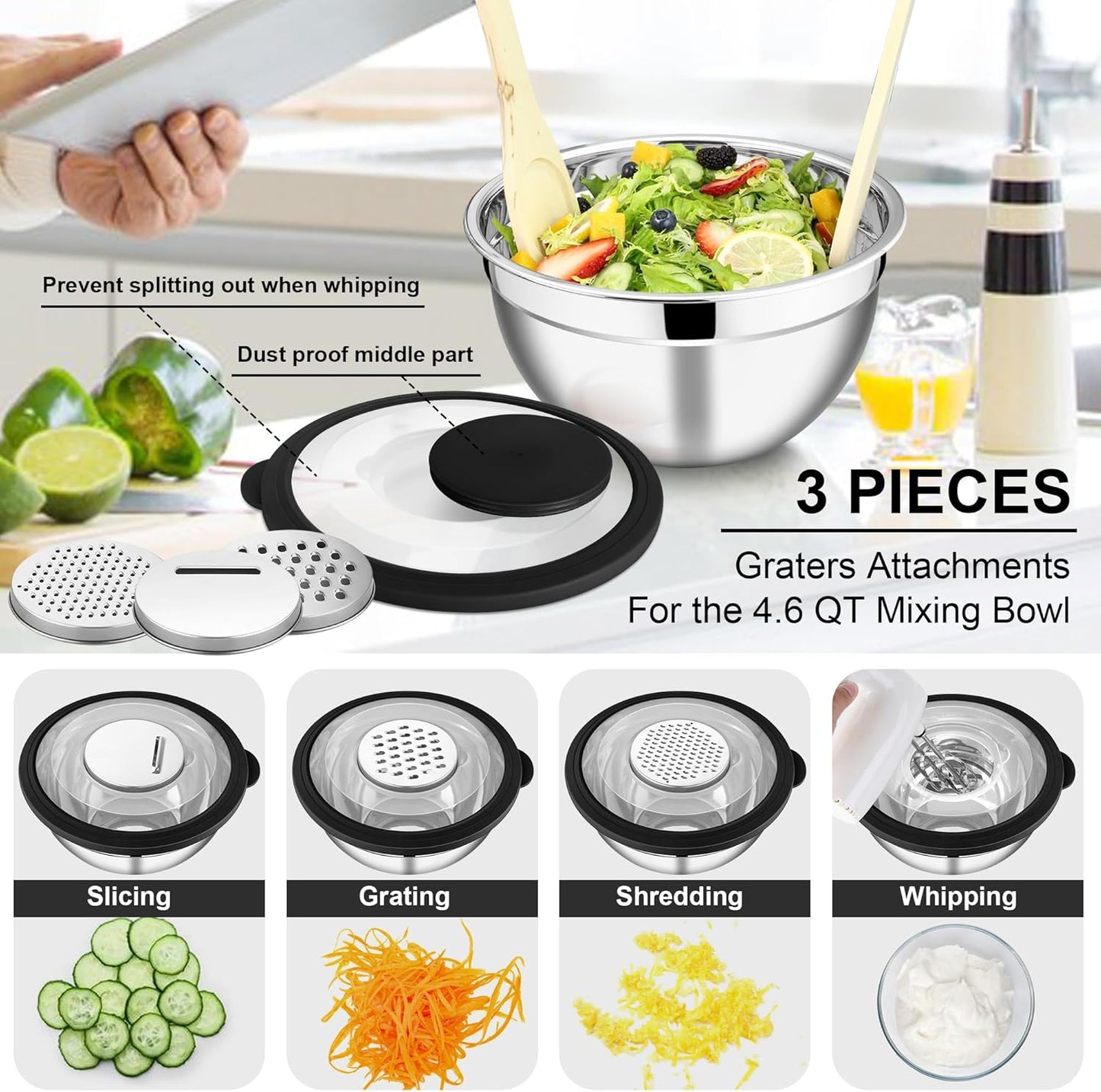 E-far Mixing Bowls Set of 5, Stainless Steel Salad Mixing Bowl with Transparent Lid, Metal Nesting Bowl Attach with 3 Graters for Kitchen Prepping/Serving/Baking/Storage, 4.6/2.6/1.5/1/0.7 QT - Black