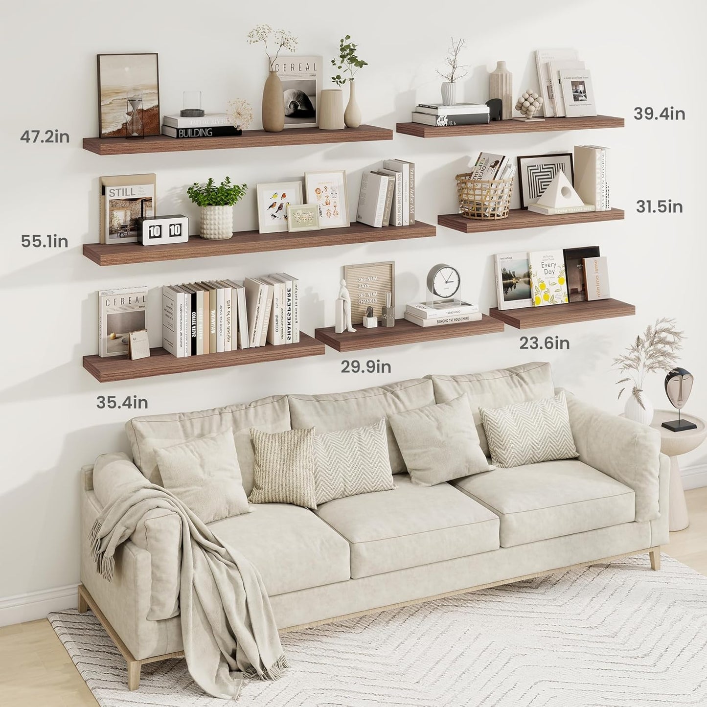 Fun Memories 55 Inch Fireplace Mantel Shelf -Long Floating Shelves, Deep Wall Mounted Farmhouse Display Shelves with Invisible Heavy Duty Metal Bracket, Walnut, 2 Pack