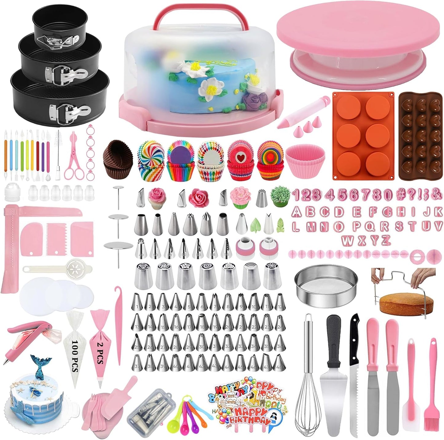Gawren-H&E Cake Decorating Supplies Kit, 678 PCS Cake Decorating Kit & Cake Baking Suppplies set with Cake Carrier,3 Springform Pans Set,Piping Bags and Tips Set,Chocolate Molds,Cake Stand for Baking