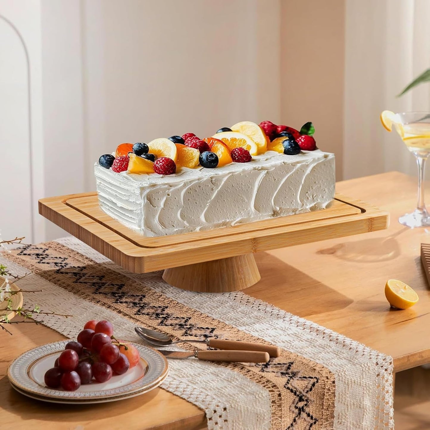 HBlife Cake Stand with Lid (16.5"), Multifunctional Cake Stand with Acrylic Dome, Rectangular Bamboo 2-in-1 Cake Plate Display Stand with Cover for Baking Gifts, Birthday Kitchen Parties, Weddings