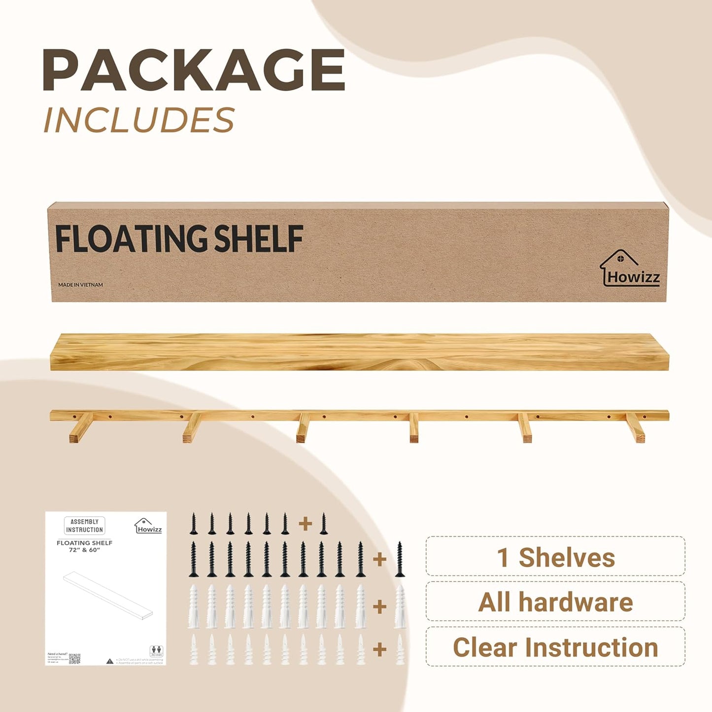 60'' Pine Wood Floating Shelf for Wall - Rustic Wall Mounted Wooden Shelf for Stylish Home Décor, Fireplace Mantel 60inch (Natural, 60x8x2) - 1pcs