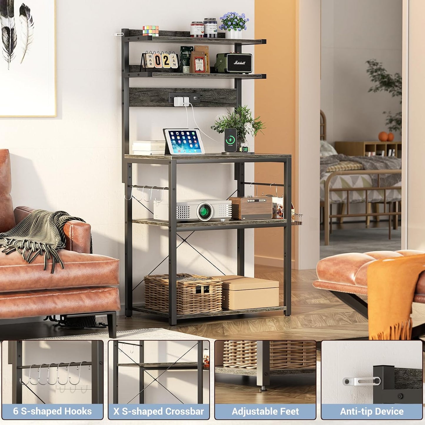 Aheaplus Bakers Rack with Power Outlet, Microwave Stand, 5 Tiers Coffee Bar Station with Led Lights, Kitchen Storage Shelf with 6 S-Shaped Hooks, Kitchen Rack for Spices, Pots and Pans, Black Oak