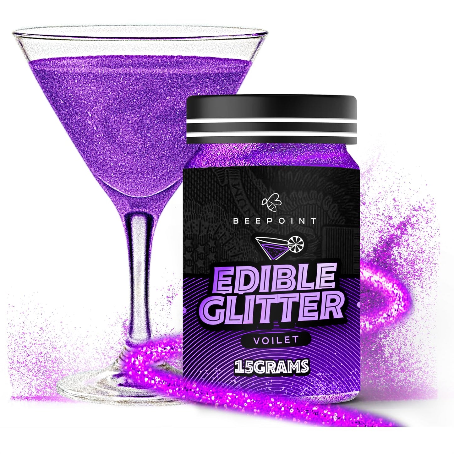 BeePoint Violet Edible Glitter for Drinks 15g - Food Grade, Vibrant Color Shimmer Powdered Dust for Drinks, Cocktails, Cake Decorating, Baking, Chocolates, Candy, Sweets, & Cookies - Vegan & Gluten Free