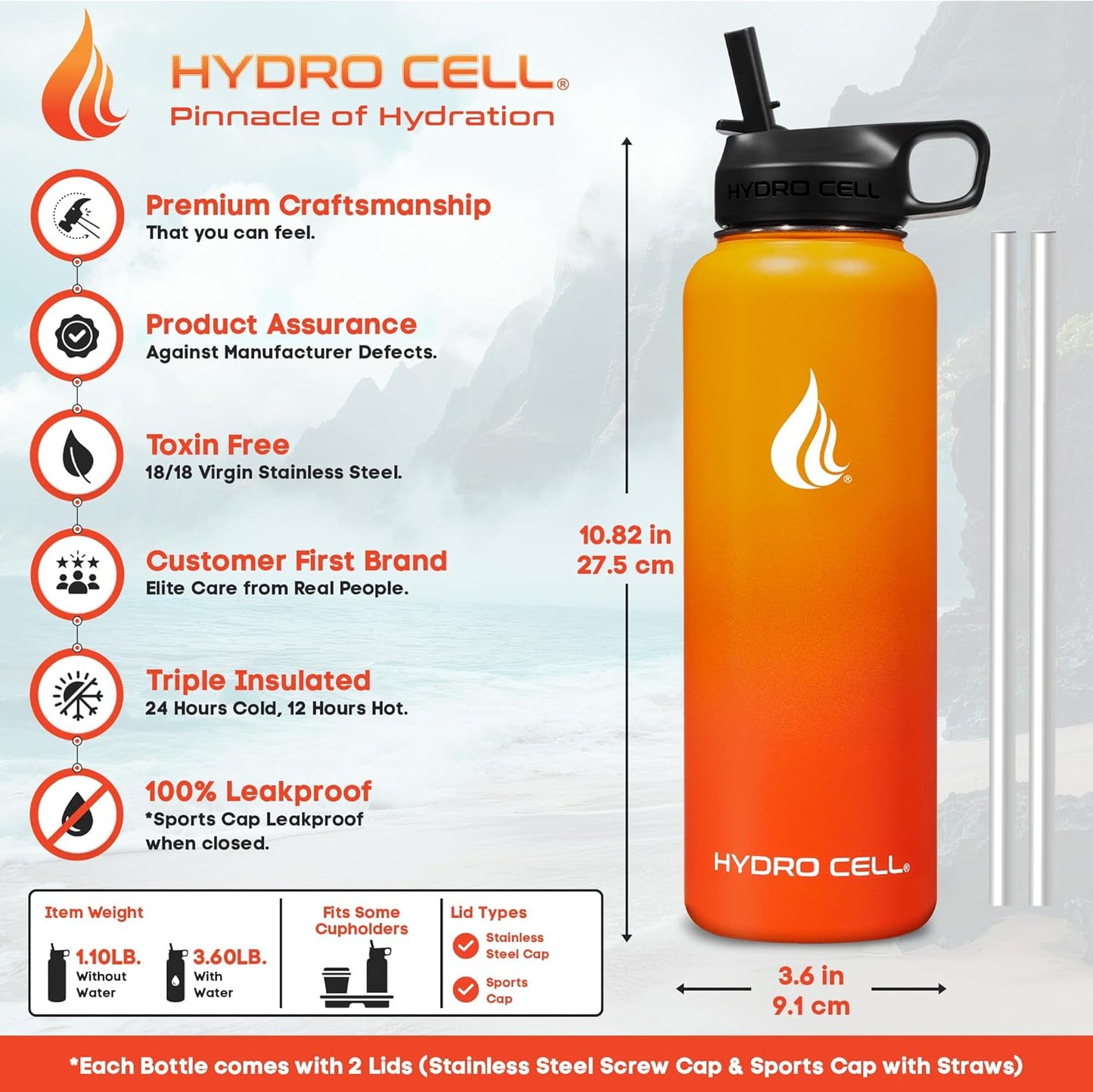 HYDRO CELL Stainless Steel Insulated Water Bottle with Straw - For Cold & Hot Drinks - Metal Vacuum Flask with Screw Cap and Modern Leakproof Sport Thermos for Adults (Red/Orange 40oz)