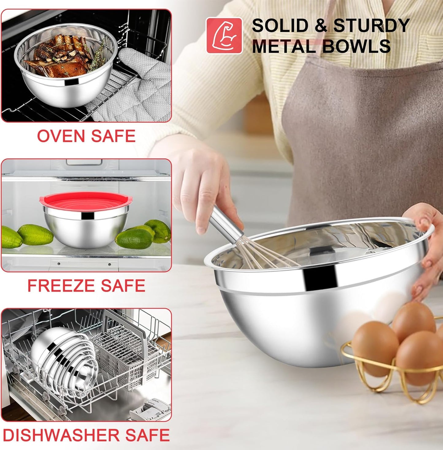 E-far Mixing Bowls with Lids Set, 7-Piece Stainless Steel Mixing Salad Bowls with 3 Grater Attachments, Size 4.6, 3.5, 2.6, 2, 1.5, 1, 0.7QT, Nesting Design & Red Airtight Lids, For Baking/Cooking
