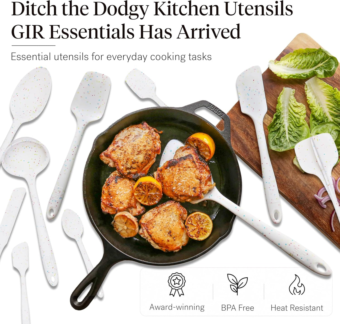 GIR: Get It Right 10 Piece Silicone Utensil Set - Ladle, Spatula, Flip, Spoon & Spoonula, Non-Stick, Heat Resistant, Dishwasher Safe, Silicone Kitchen Utensils, Baking Supplies