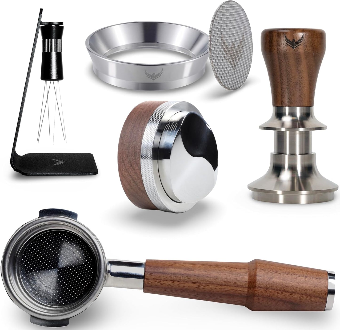 58mm Tamper Kit for E61 Group Head 6pcs Walnut Auto Tamper, Bottomless Portafilter 58mm, Magnetic Espresso Funnel, Distribution Tool, and WDT Needle Distributor