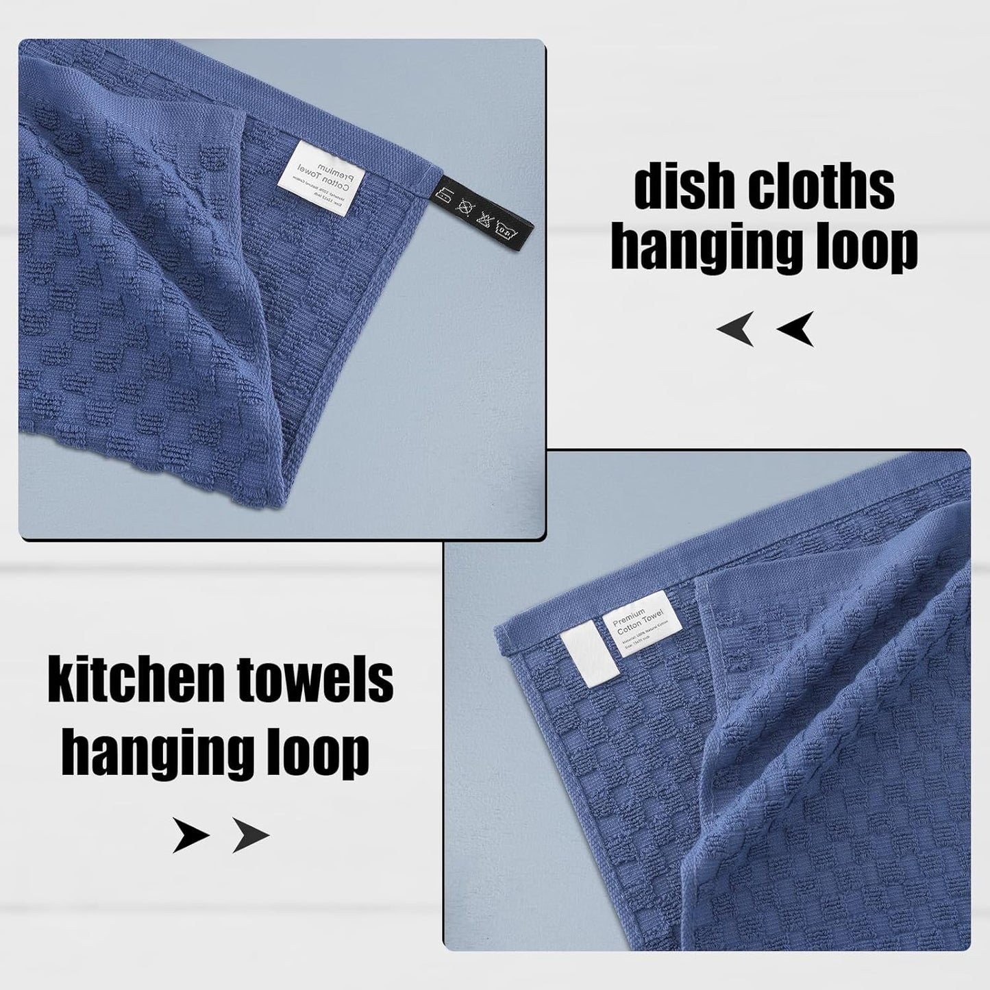 Fintale 100% Cotton Kitchen Towels and Dishcloths Set, 12 x 12 & 15 x 25 Inches, Set of 10 Bulk Super Soft and Absorbent Terry Cloth Dish Towels, Quick Drying Hand Towels with Hanging Loop, Navy Blue