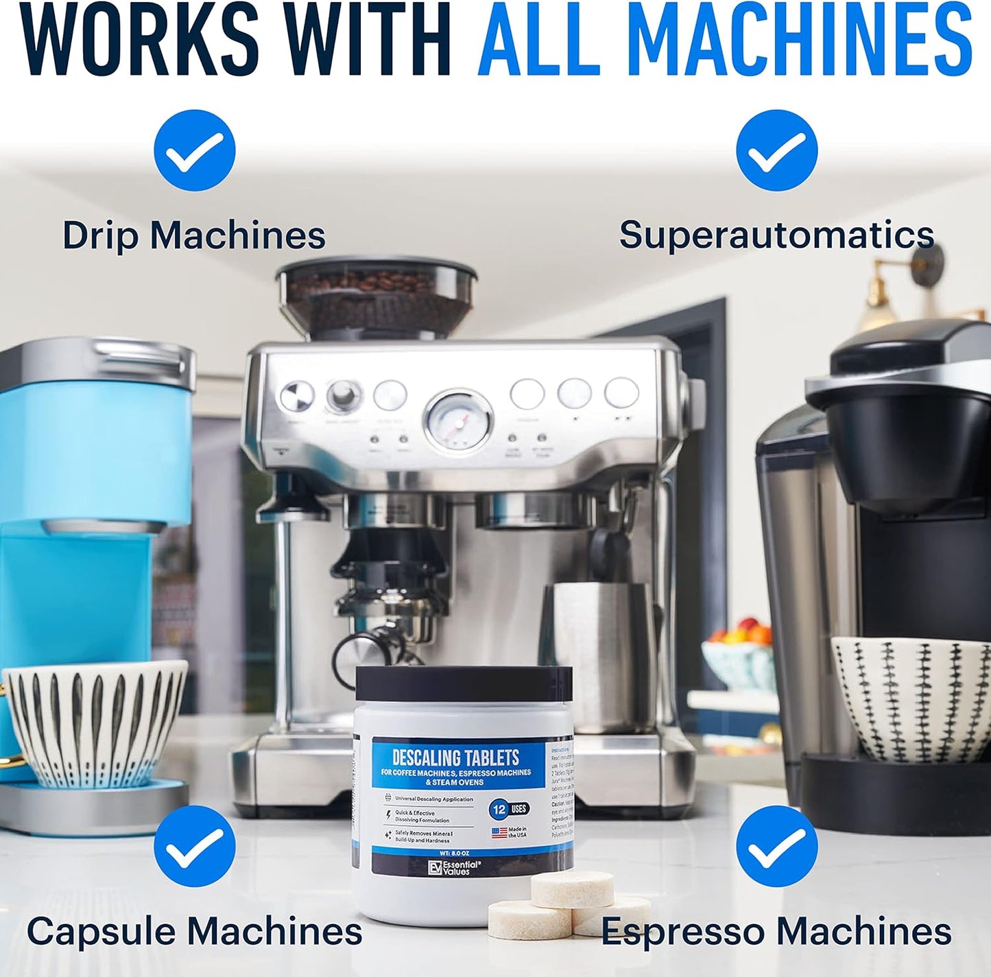 Essential Values Descaling Tablets (24 Count/Up To 24 Uses) For Jura, Miele, Bosch, Tassimo Espresso Machines and Miele Steam Ovens