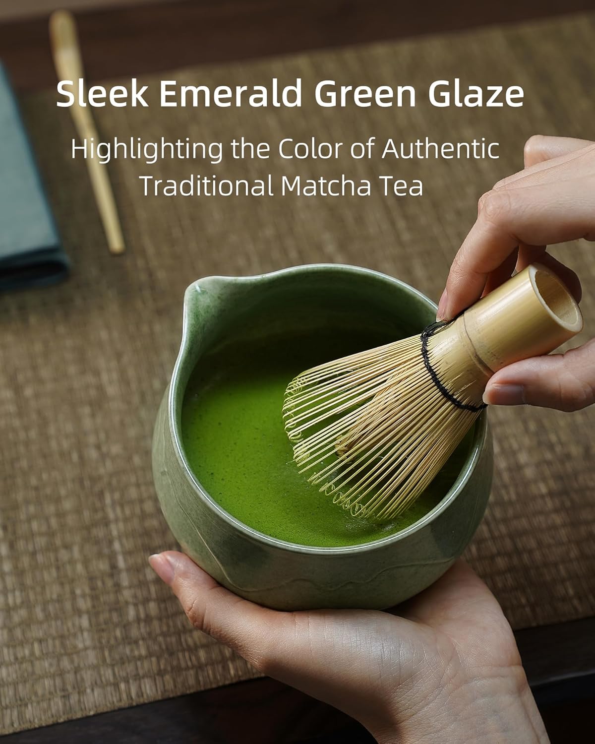ZENS Matcha Whisk Set, 15oz Ceramic Matcha Bowl with Spout and Bamboo Whisk, (Chasen Holder) Scoop & Tea Towel, 5pcs Matcha Kit for Matcha Ceremony, Emerald Green