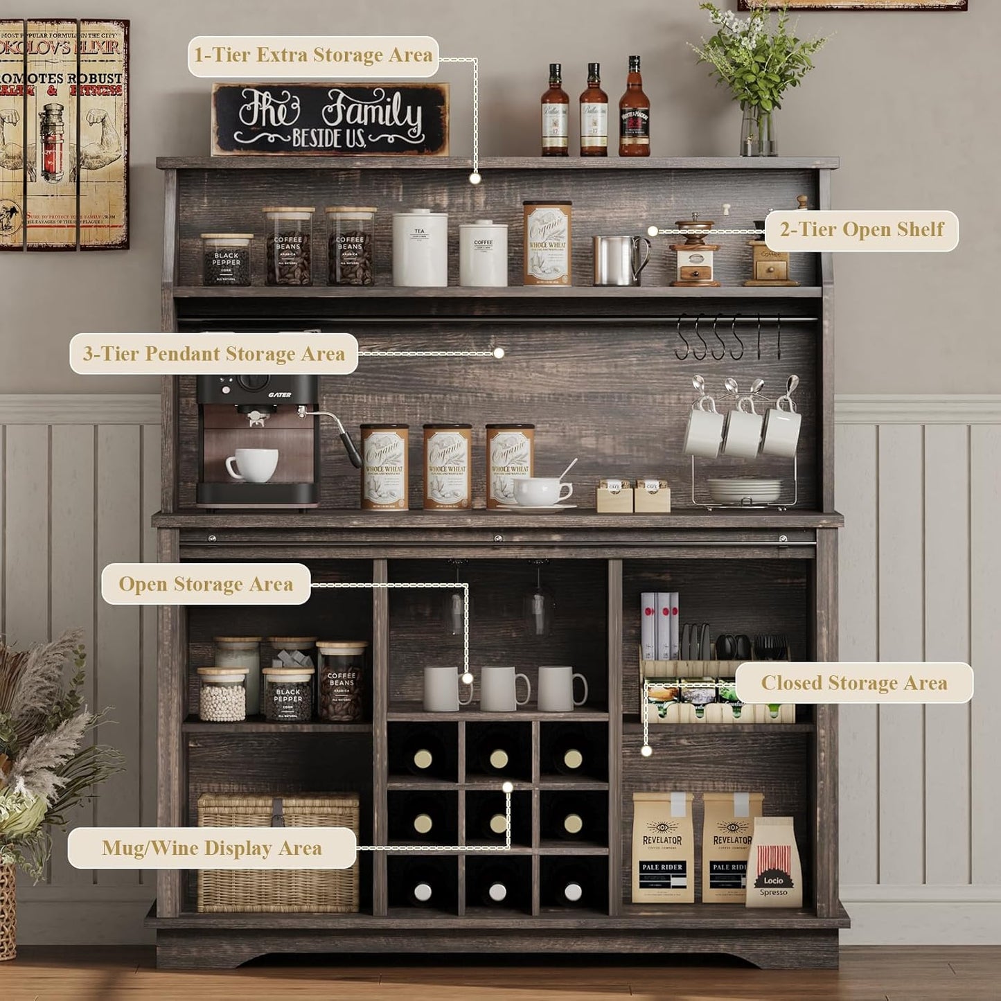 47 Inch Farmhouse Coffee Bar Cabinet with 3-Tier Storage, Kitchen Hutch with 9 Wine Racks & 3 Glass Holders, Coffee Bar with 6 Hooks, Wine Bar Cabinet for Dining Living Room, Rustic Oak