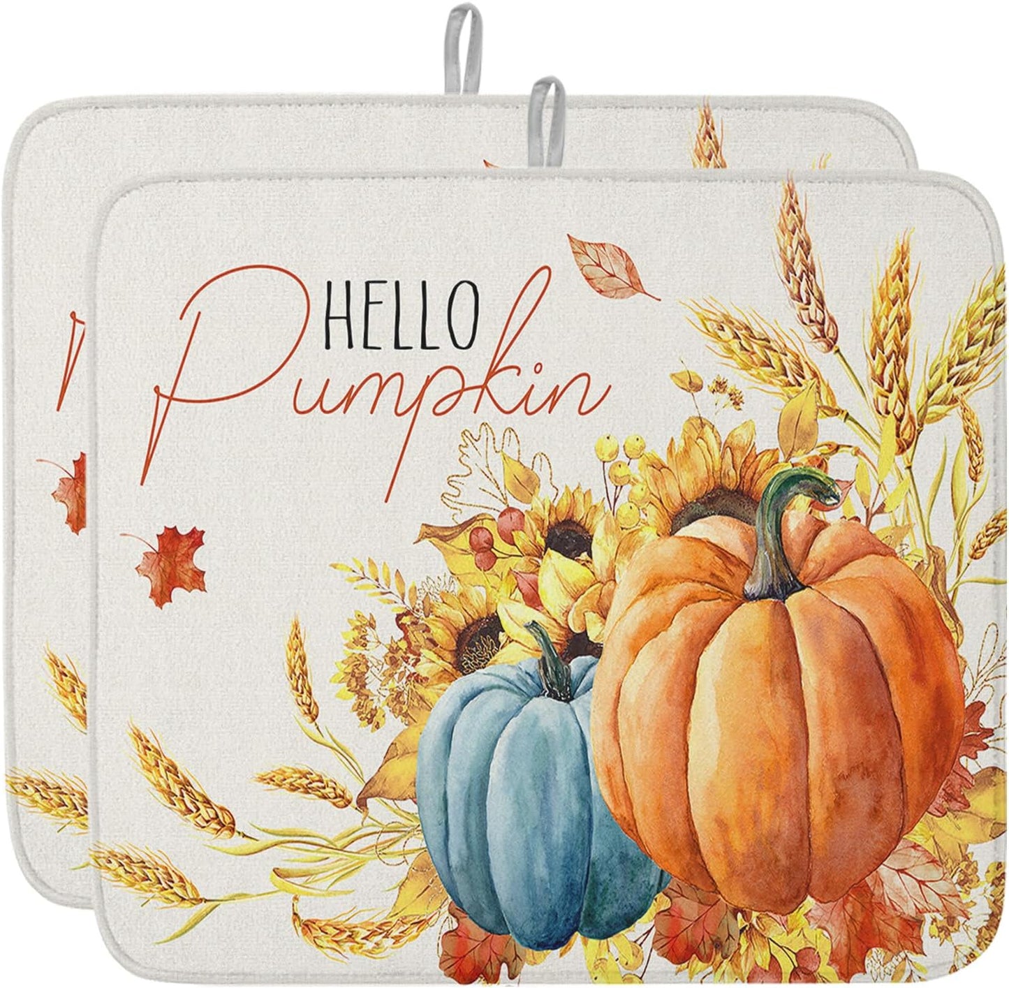 Fall Dish Drying Mat for Kitchen Counter Hello Pumpkin Drying Pad Absorbent Drying Mats for Countertops Sinks Draining Racks Sunflower Ears of Wheat Drainer Holiday Harvest Thanksgiving Decor 18x24