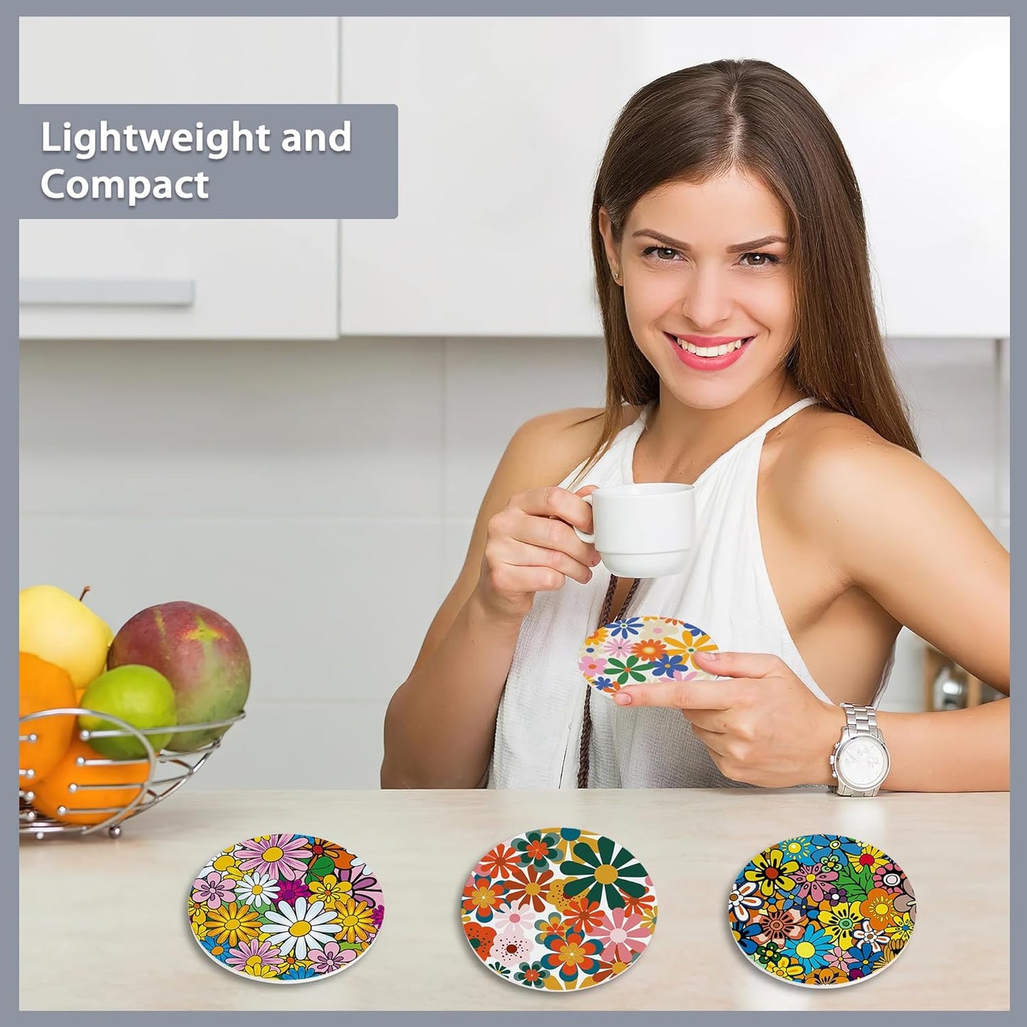 6 Pcs Coasters for Drinks with Holder,Retro Colorful Daisy Flowers 70s Hippie Floral Absorbent Coaster with Cork Backing,Great Gift for Housewarming,Room Decor,Bar,Holiday Party