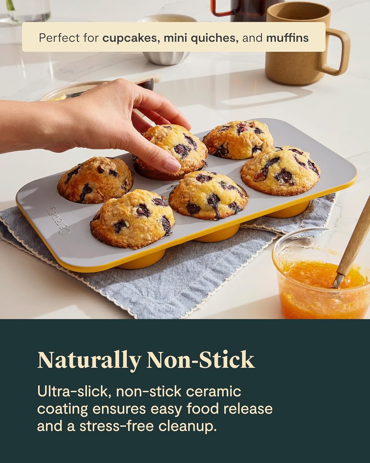 Caraway Nonstick Ceramic 6 Cup Muffin Pan Duo – Non-Toxic, PTFE & PFOA Free – Oven Safe – Aluminized Steel Core – Small Muffin Pan for Baking Cupcakes, Muffins & More - Navy