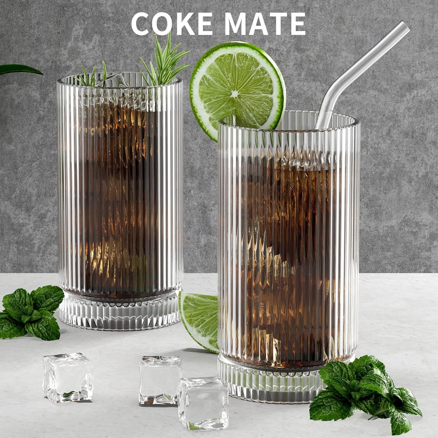 15 Oz Glass Cups with Straws, Vintage Glassware for Whiskey Cocktail Beer, Iced Coffee Cups and Drinking Glassare (2 PACK