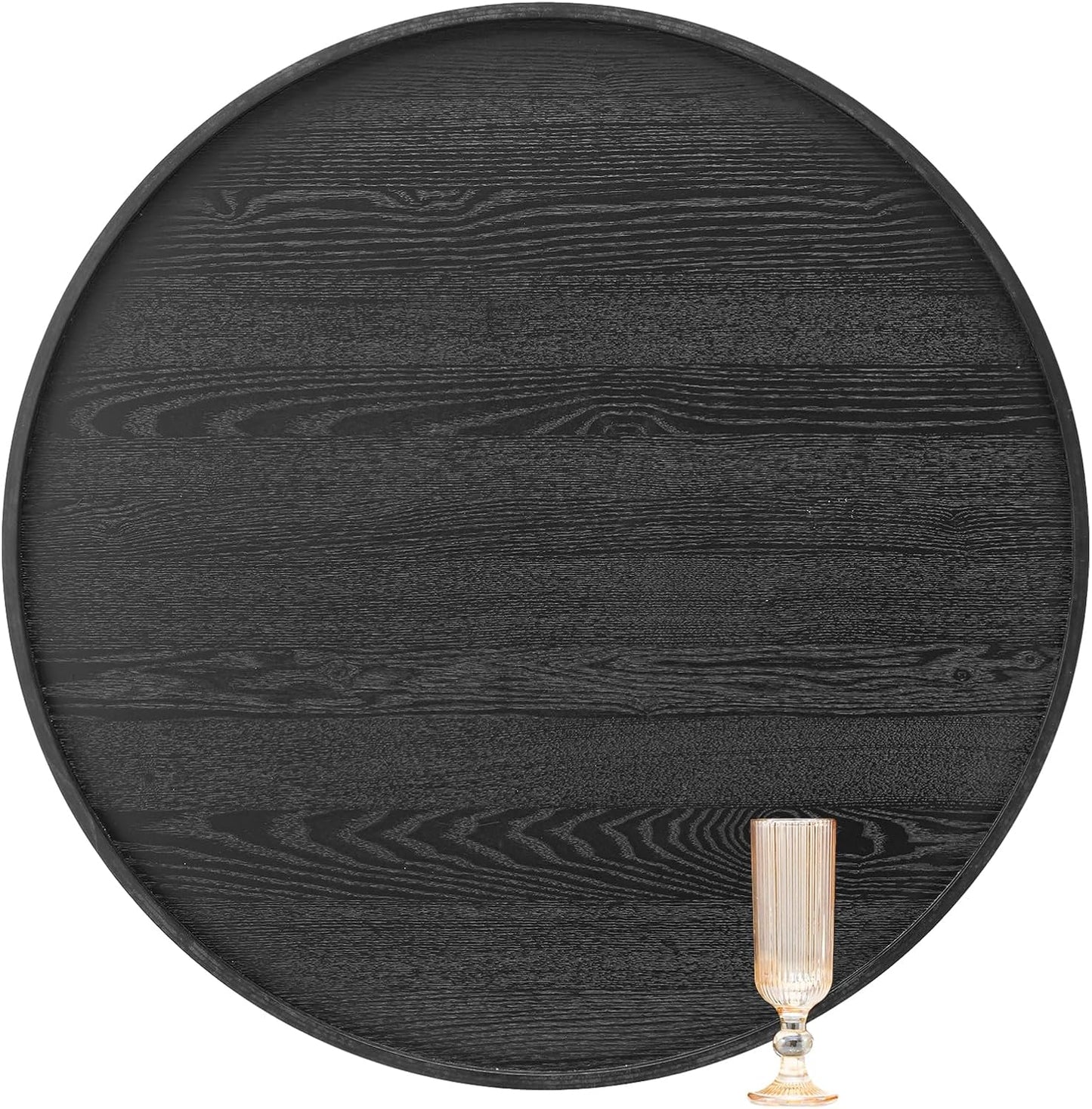 28 inch Round Solid Wood Serving Tray Extra Large Tea Coffee Snack Food Meals Serving Plate Non-Slip Kitchen Party Bar Server Ottoman Tray Breakfast Tray with Raised Edges Black