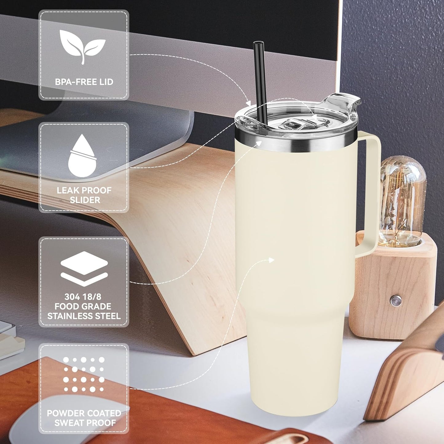 HASLE OUTFITTERS 40 oz Stainless Steel Tumbler with Handle, Vacuum Insulated Tumblers Bulk, Reusable Double Wall Travel Coffee Mug, Durable Powder Coated Water Bottle(Beige, 4)