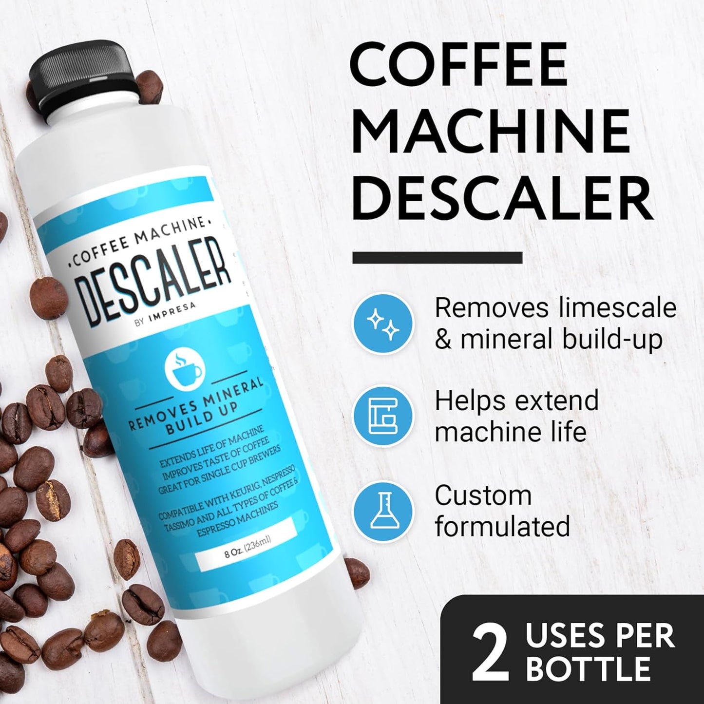 IMPRESA Coffee Machine Descaler & Cleaning Bundle - Compatible with Keurig K-Duo & K-Cup Brewers - 8 Oz Descaling Solution & 4 Maintenance Pods - Coffee Machine Cleaning & Pot Care Kit