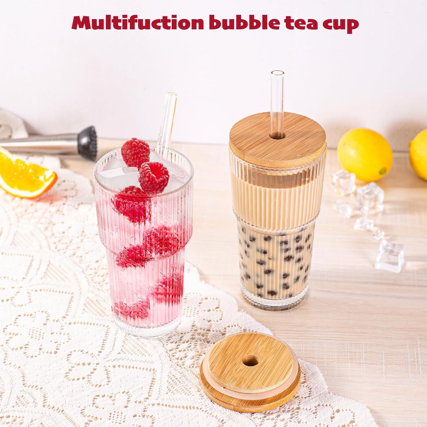 20 oz Ribbed Glass Tumblers with Bamboo Lids and Straws, 2 Pcs Wide Mouth Thickened Vintage Glass Cup for Boba, Iced Coffee, Juice