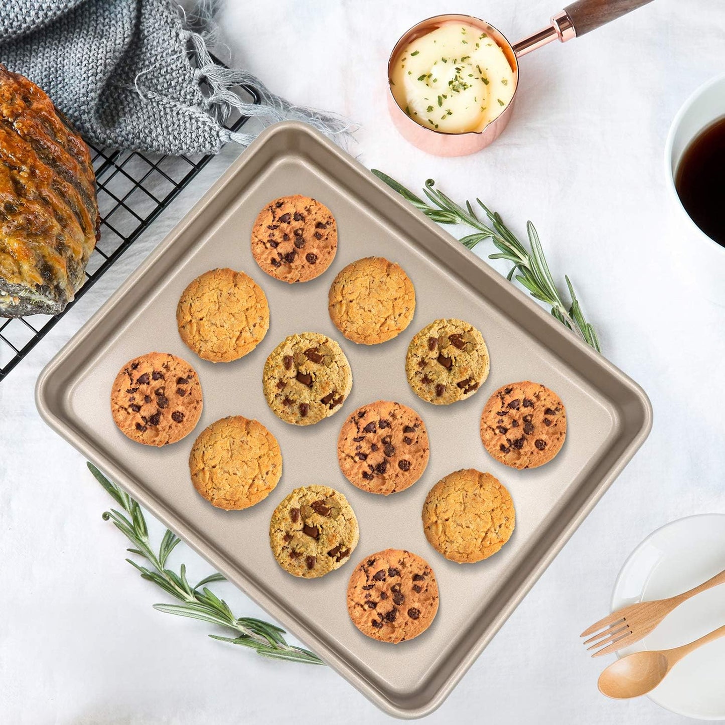 Toaster Oven Pans Set of 2, Shinsin 11-Inch Nonstick Baking Sheet Pans and Trays, 1/8 Thicker Replacement Small Baking Tray Accessories for Cookie, Non Toxic and Easy Clean and Diswasher Safe, Gold