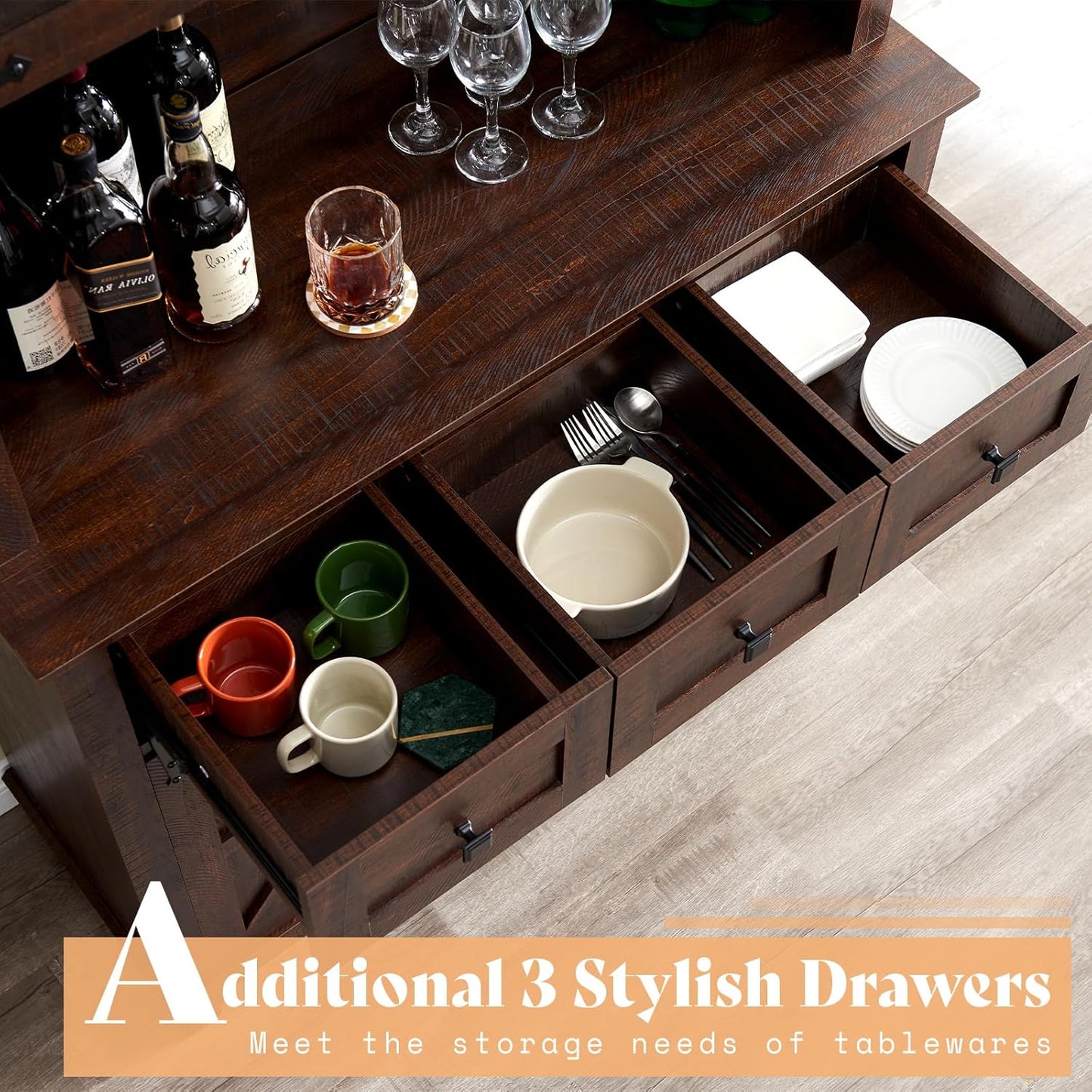 AMERLIFE 72'' Coffee Wine Bar Cabinet with Sliding Barn Door, Farmhouse Kitchen Sideboard, Buffet Storage Table, Wine Glass Racks, 3 Drawers, LED Lights, Tall Hutch Home Bar for Dining Room Brown